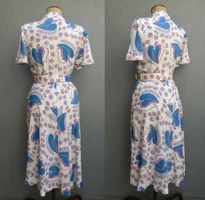 Vintage 1940s CC41 Shirtwaister Dress Bold Novelty Abstract Leaf Print UK S