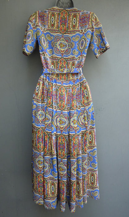 Superb Vintage 1950s Paisley Dress Novelty Printed Jewel Tone Rayon UK XXS/XS