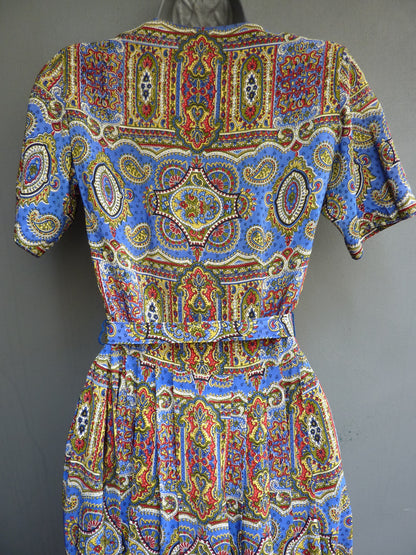 Superb Vintage 1950s Paisley Dress Novelty Printed Jewel Tone Rayon UK XXS/XS