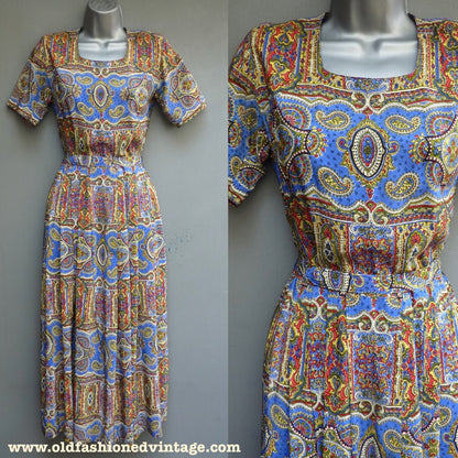 Superb Vintage 1950s Paisley Dress Novelty Printed Jewel Tone Rayon UK XXS/XS