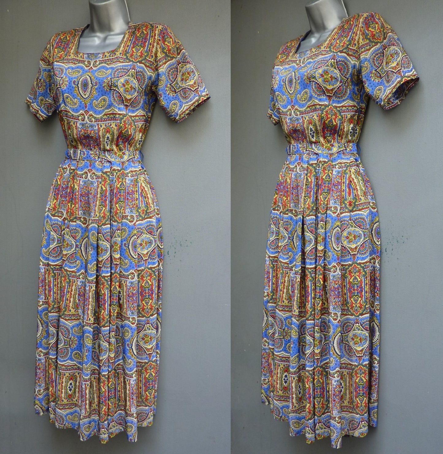 Superb Vintage 1950s Paisley Dress Novelty Printed Jewel Tone Rayon UK XXS/XS