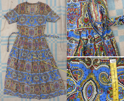 Superb Vintage 1950s Paisley Dress Novelty Printed Jewel Tone Rayon UK XXS/XS