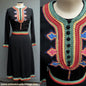 Vintage 1970s Black Wool Crepe Dress Folk Style Betty Barclay UK XS