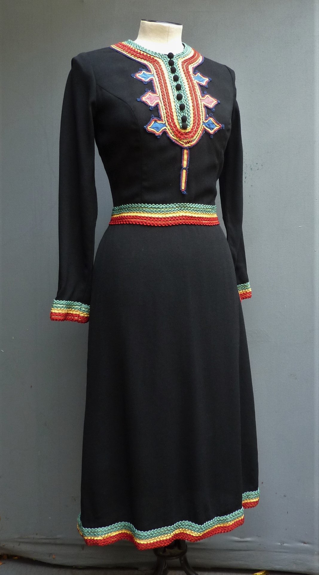 Vintage 1970s Black Wool Crepe Dress Folk Style Betty Barclay UK XS