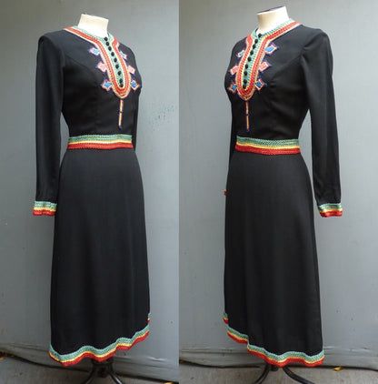 Vintage 1970s Black Wool Crepe Dress Folk Style Betty Barclay UK XS