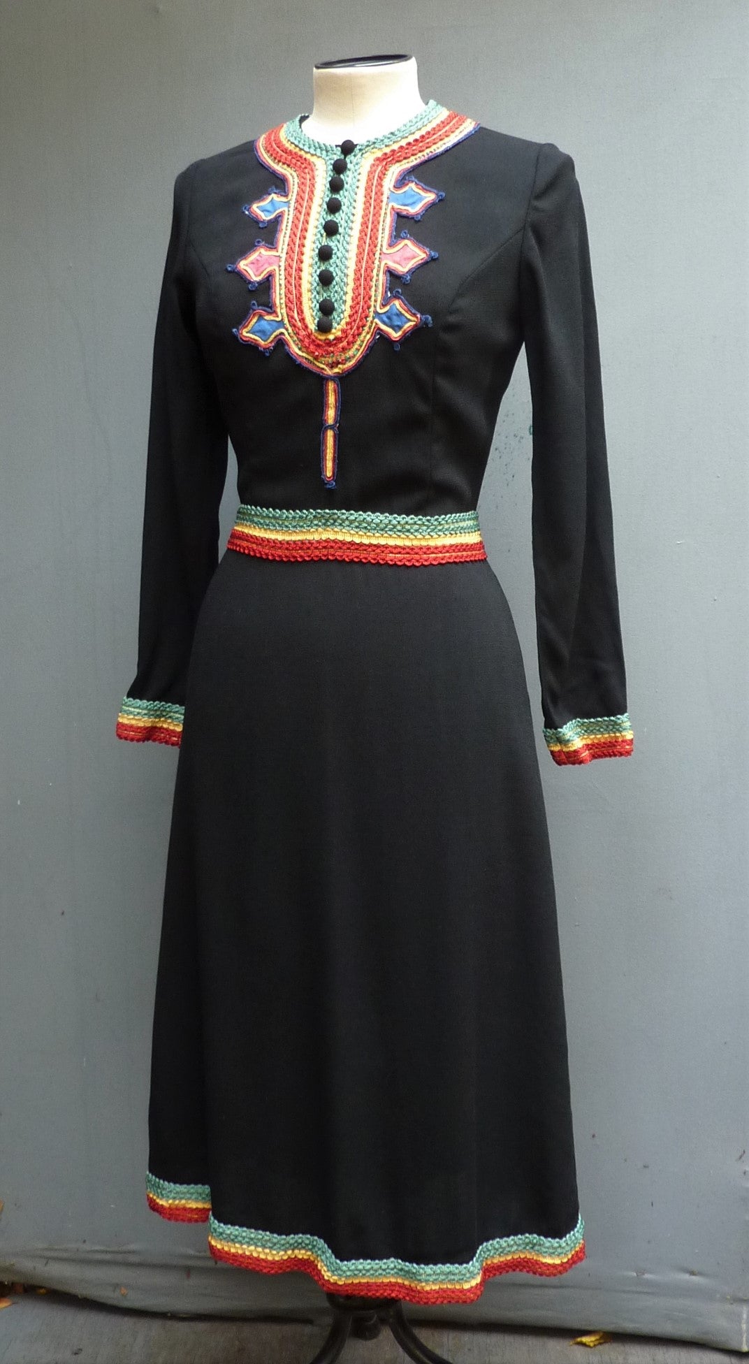 Vintage 1970s Black Wool Crepe Dress Folk Style Betty Barclay UK XS