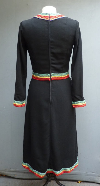 Vintage 1970s Black Wool Crepe Dress Folk Style Betty Barclay UK XS