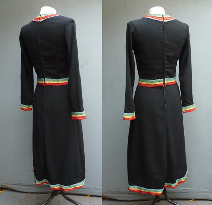 Vintage 1970s Black Wool Crepe Dress Folk Style Betty Barclay UK XS