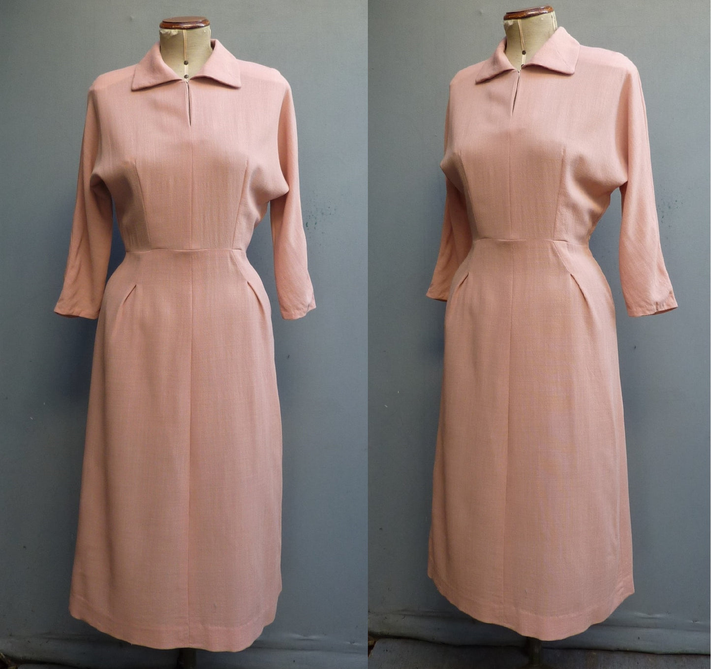 Original Vintage 1940s 1950s Home Made Dress Pink Dolman Crepe UK S