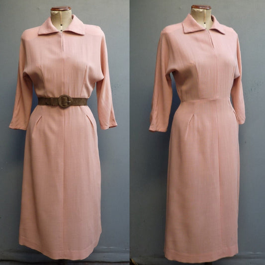 Original Vintage 1940s 1950s Home Made Dress Pink Dolman Crepe UK S