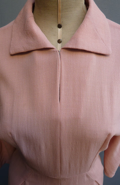 Original Vintage 1940s 1950s Home Made Dress Pink Dolman Crepe UK S