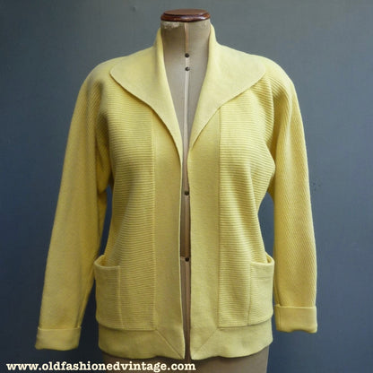 RARE Original Vintage 1950s Knitted Cardigan Jacket Yellow Wool UK M