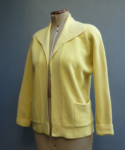 RARE Original Vintage 1950s Knitted Cardigan Jacket Yellow Wool UK M