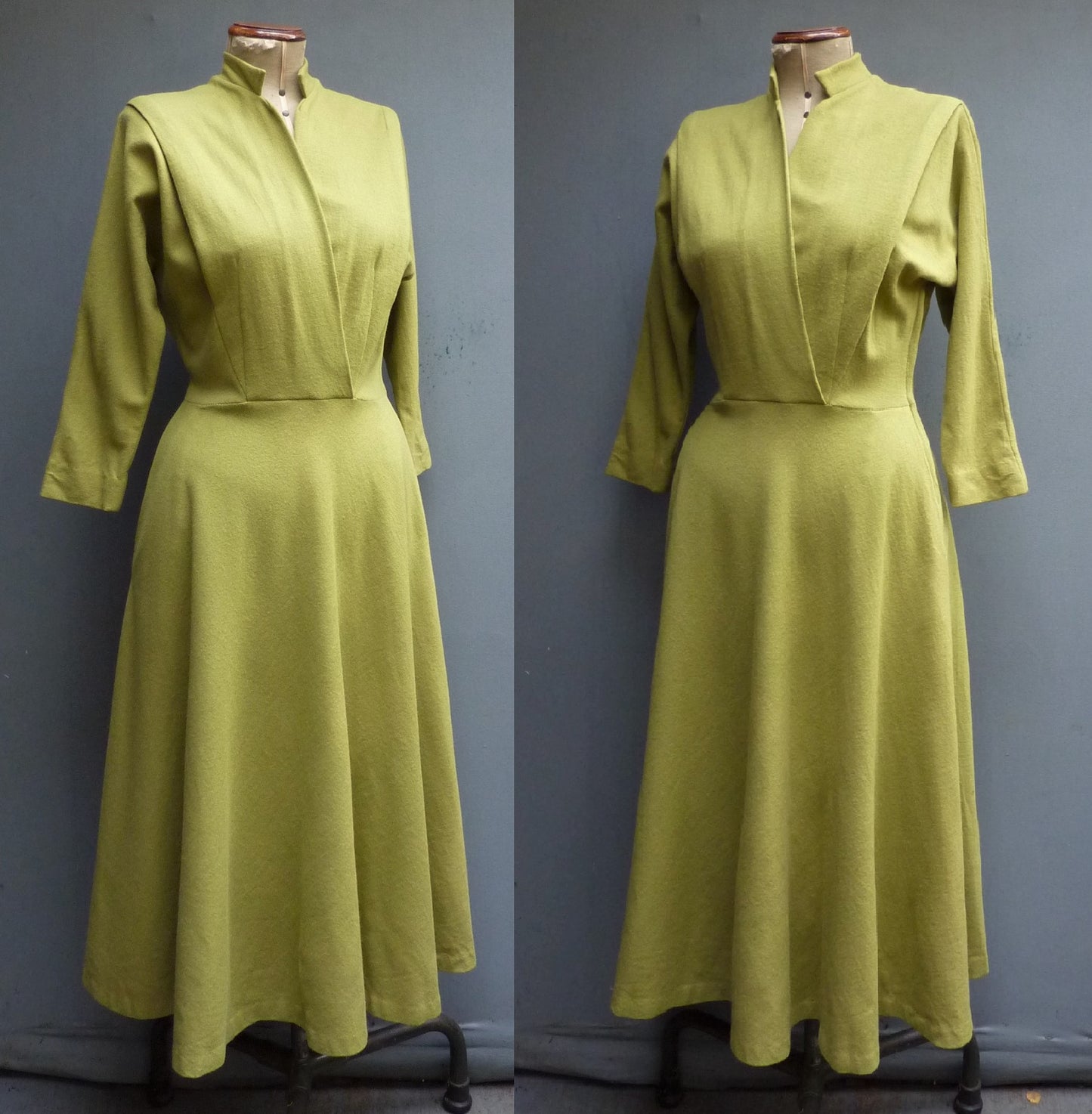 Rare Vintage Early 1950s Jersey Dress Chartreuse Green Dolman Sleeves UK S/M