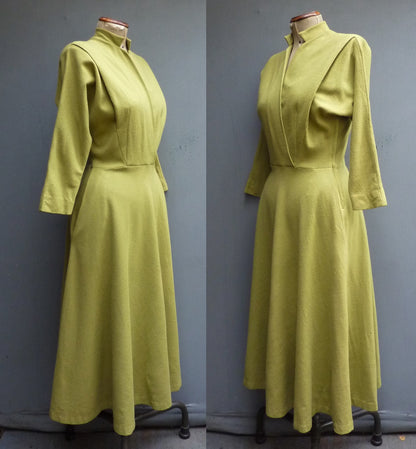 Rare Vintage Early 1950s Jersey Dress Chartreuse Green Dolman Sleeves UK S/M