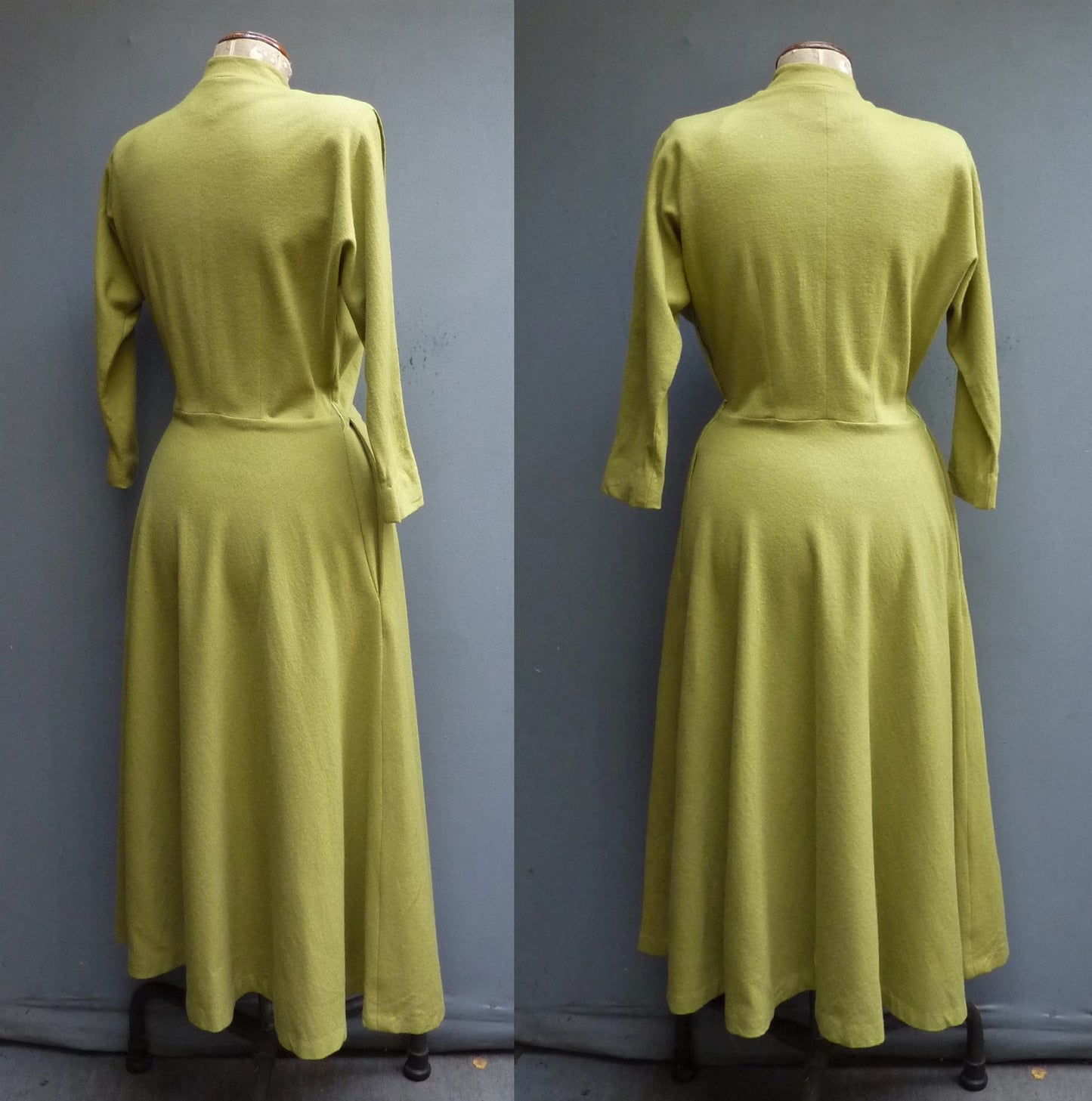 Rare Vintage Early 1950s Jersey Dress Chartreuse Green Dolman Sleeves UK S/M