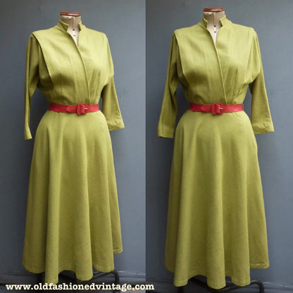 Rare Vintage Early 1950s Jersey Dress Chartreuse Green Dolman Sleeves UK S/M