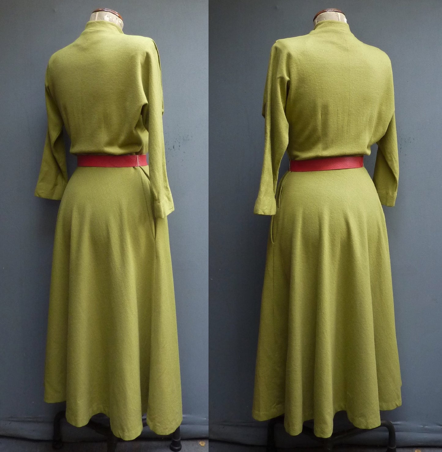 Rare Vintage Early 1950s Jersey Dress Chartreuse Green Dolman Sleeves UK S/M