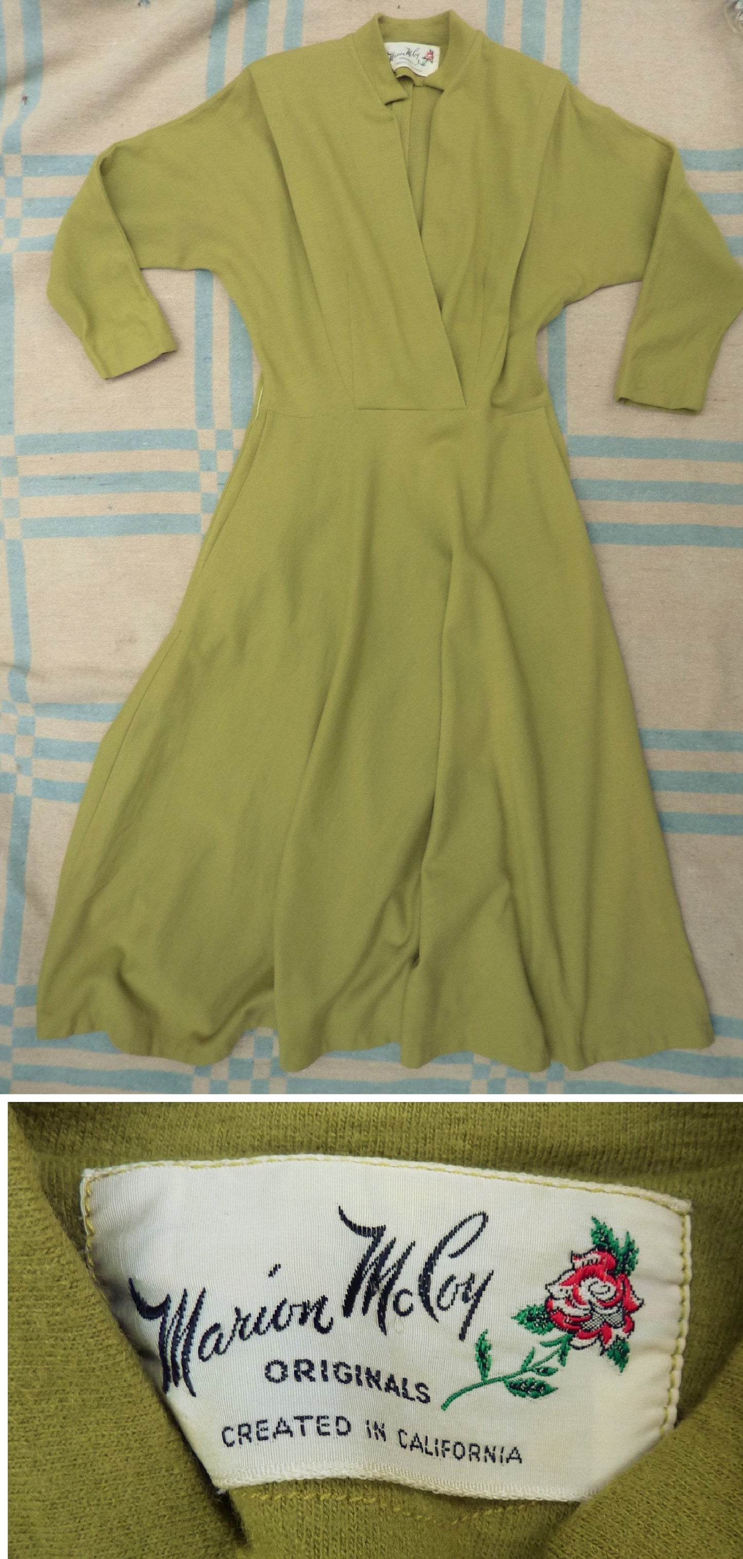 Rare Vintage Early 1950s Jersey Dress Chartreuse Green Dolman Sleeves UK S/M