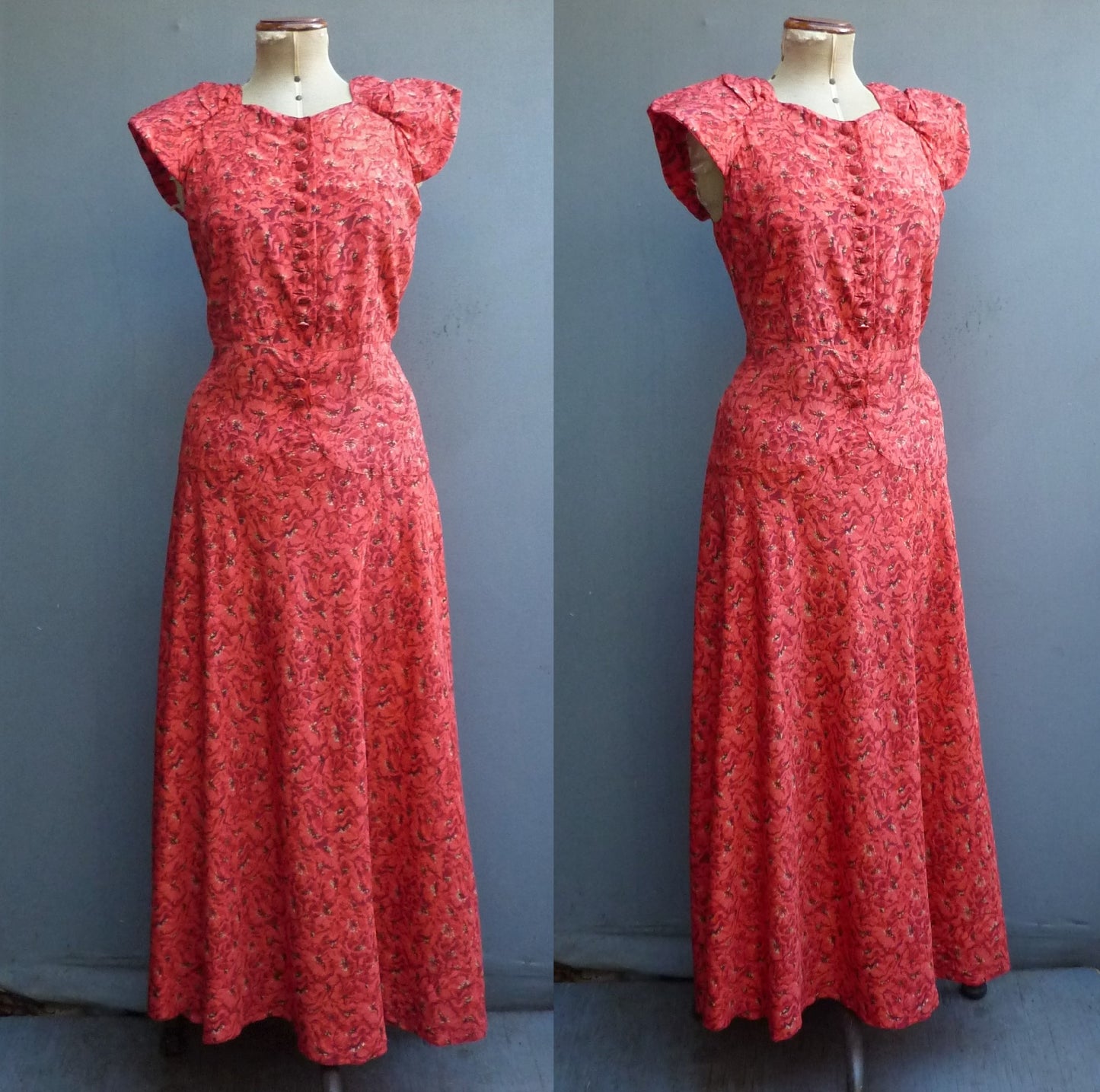 Wonderful Original Vintage 1930s Dress Flame Red Gold Silk Poppy Evening Gown UK S