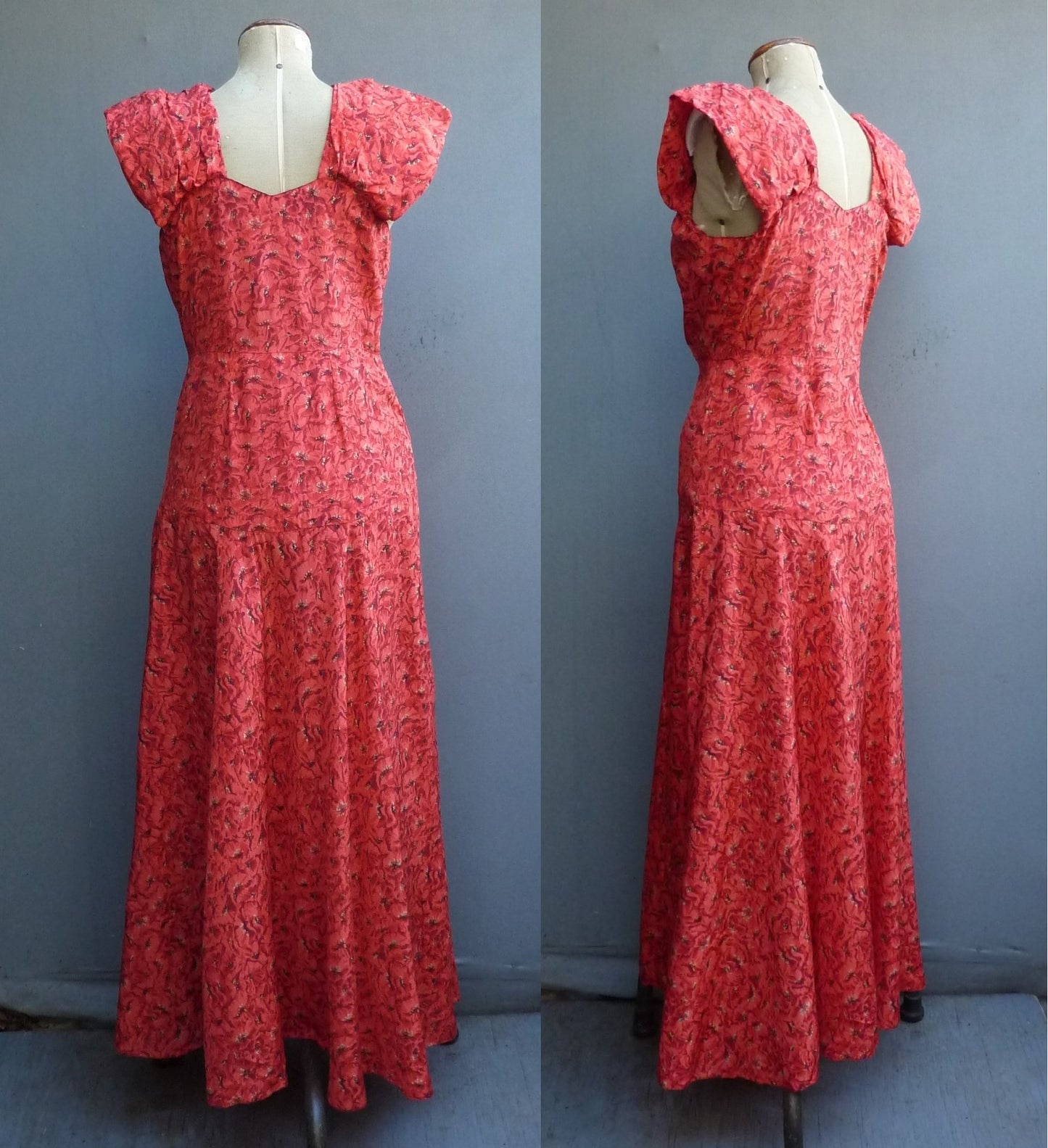 Wonderful Original Vintage 1930s Dress Flame Red Gold Silk Poppy Evening Gown UK S