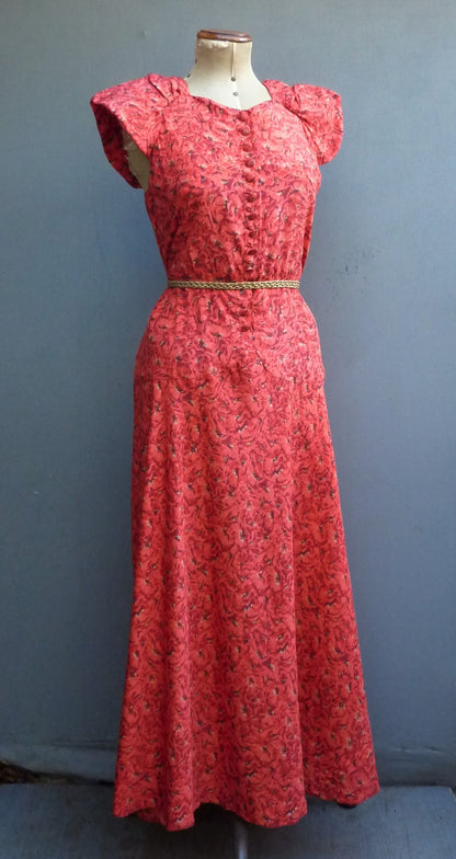 Wonderful Original Vintage 1930s Dress Flame Red Gold Silk Poppy Evening Gown UK S