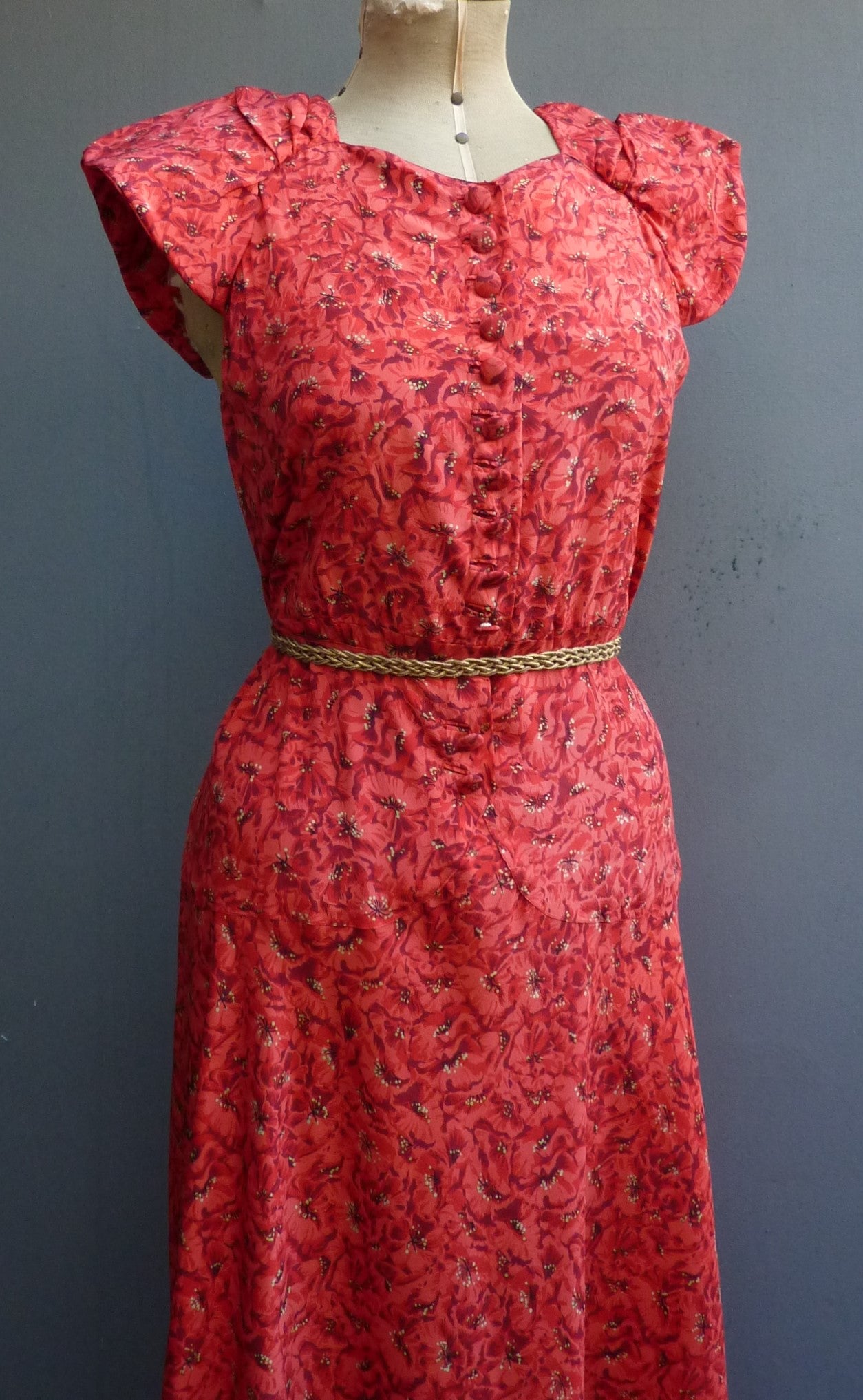 Wonderful Original Vintage 1930s Dress Flame Red Gold Silk Poppy Evening Gown UK S