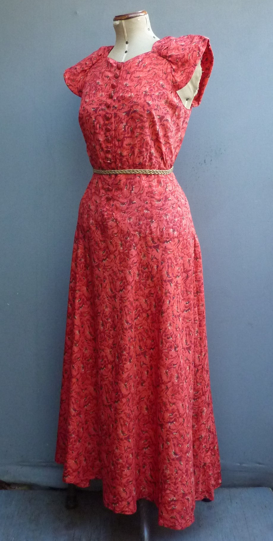 Wonderful Original Vintage 1930s Dress Flame Red Gold Silk Poppy Evening Gown UK S