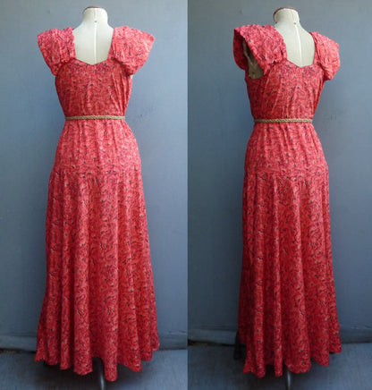 Wonderful Original Vintage 1930s Dress Flame Red Gold Silk Poppy Evening Gown UK S