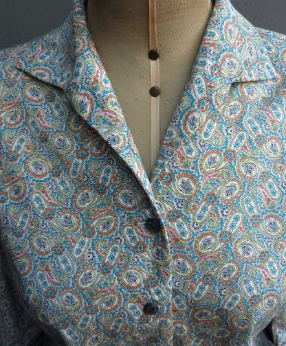 Vintage 1950s Blouse Paisley Print Teal Blue Cotton Dolman Sleeved UK S/M