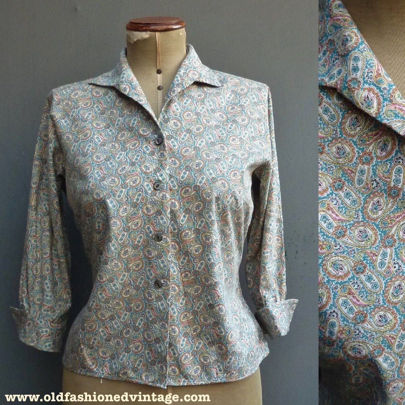 Vintage 1950s Blouse Paisley Print Teal Blue Cotton Dolman Sleeved UK S/M