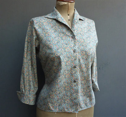 Vintage 1950s Blouse Paisley Print Teal Blue Cotton Dolman Sleeved UK S/M