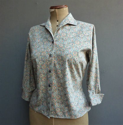 Vintage 1950s Blouse Paisley Print Teal Blue Cotton Dolman Sleeved UK S/M