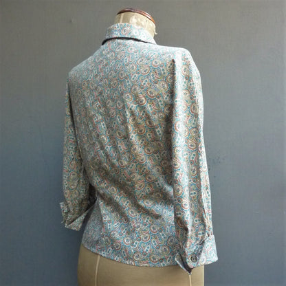 Vintage 1950s Blouse Paisley Print Teal Blue Cotton Dolman Sleeved UK S/M