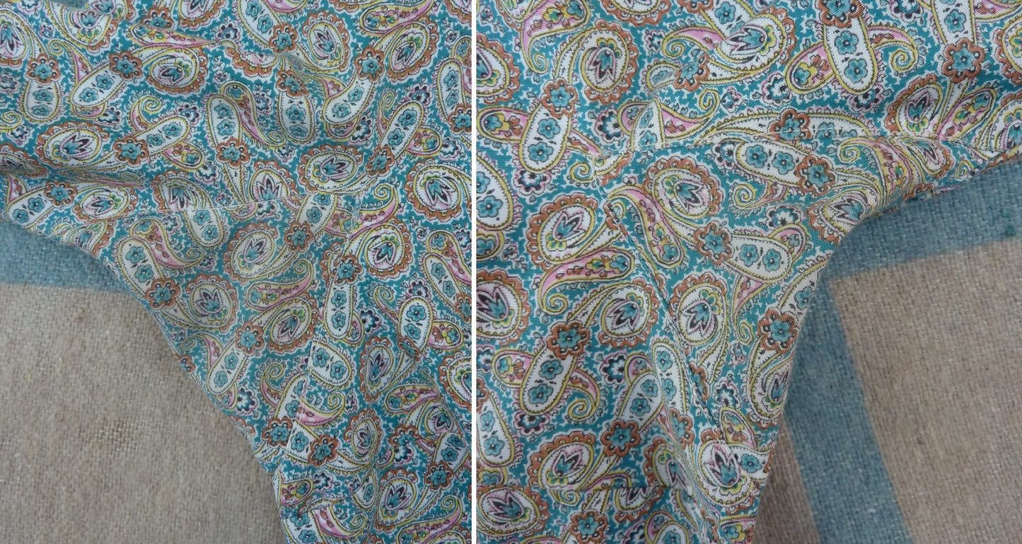 Vintage 1950s Blouse Paisley Print Teal Blue Cotton Dolman Sleeved UK S/M