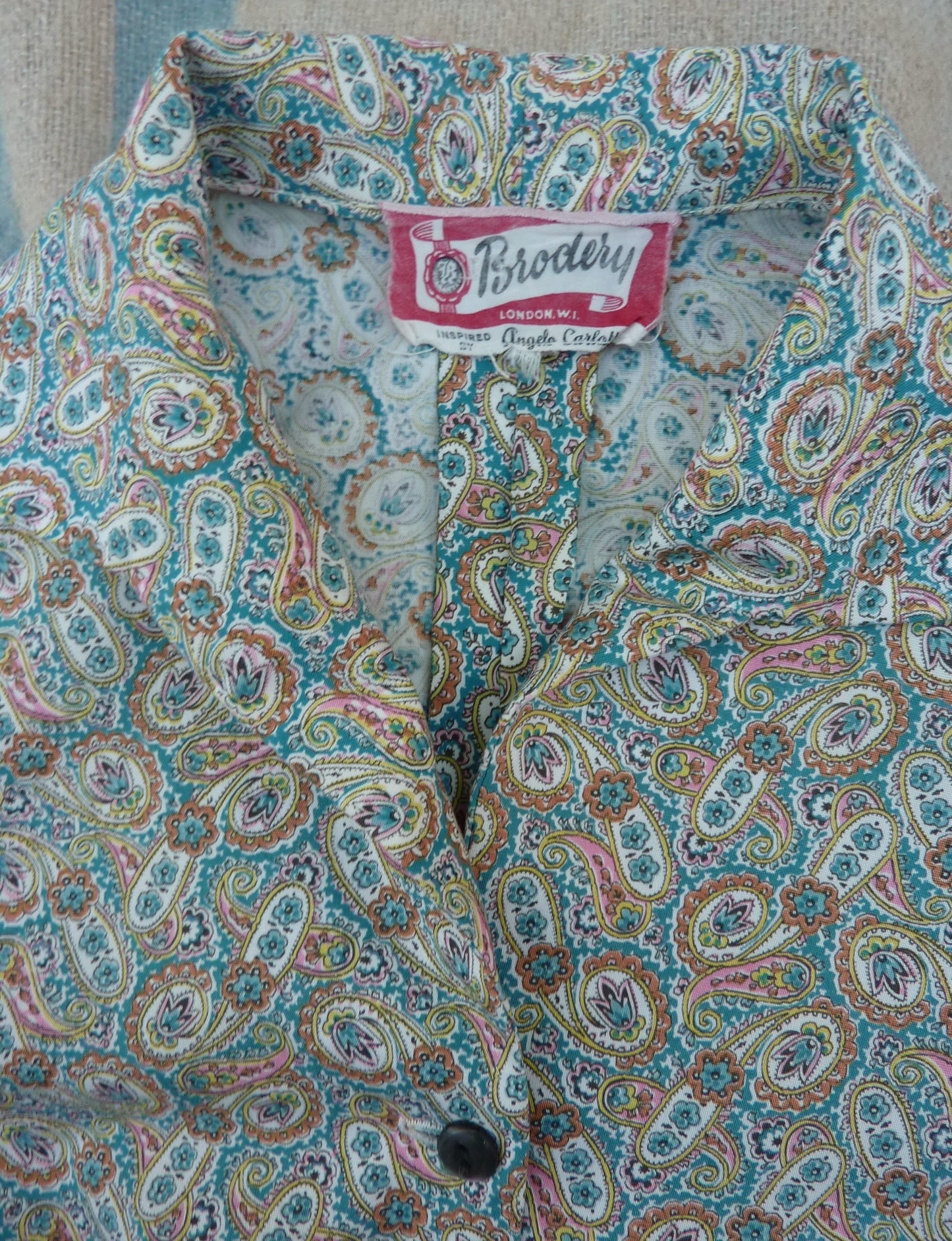 Vintage 1950s Blouse Paisley Print Teal Blue Cotton Dolman Sleeved UK S/M