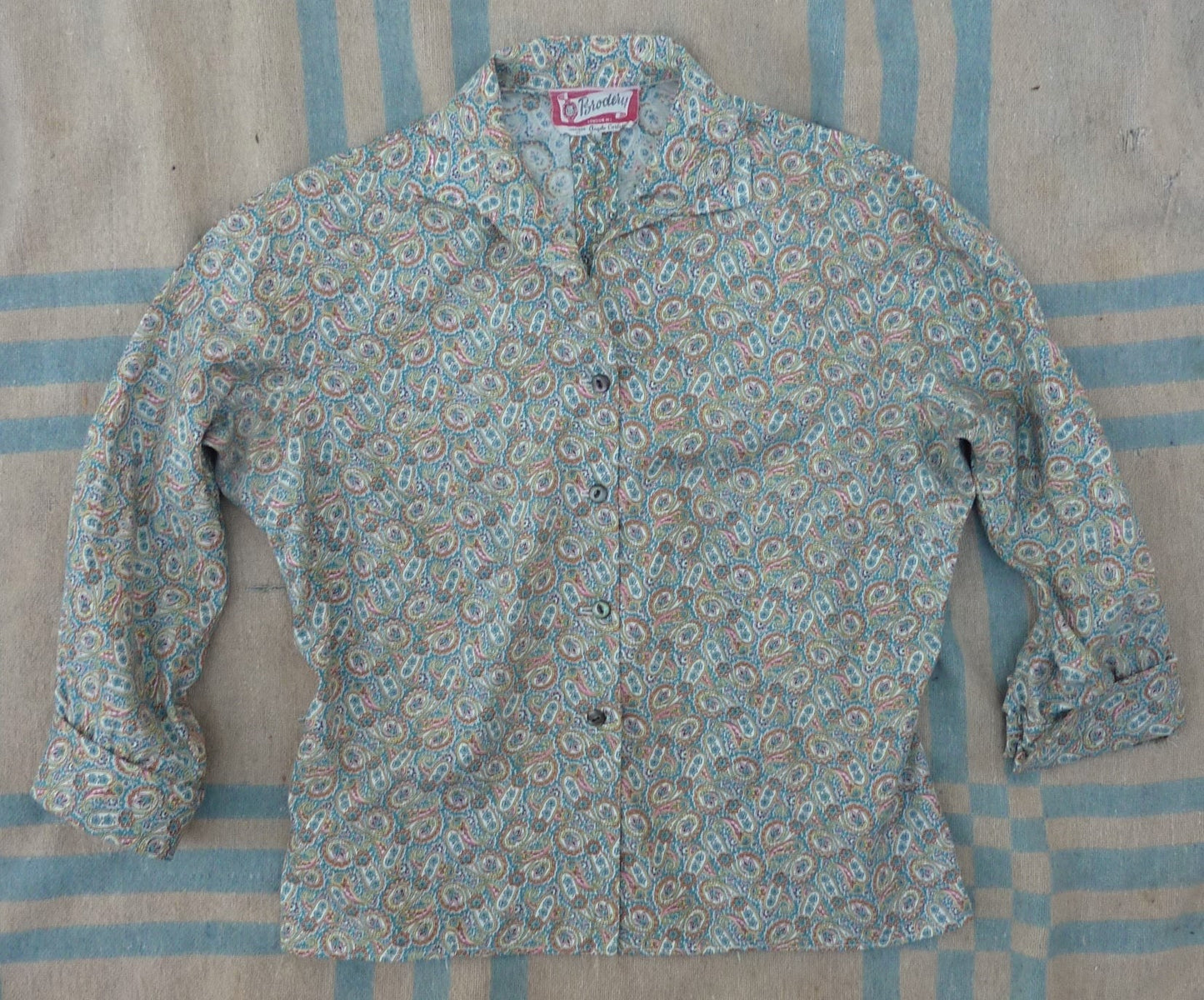 Vintage 1950s Blouse Paisley Print Teal Blue Cotton Dolman Sleeved UK S/M