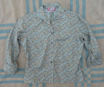 Vintage 1950s Blouse Paisley Print Teal Blue Cotton Dolman Sleeved UK S/M