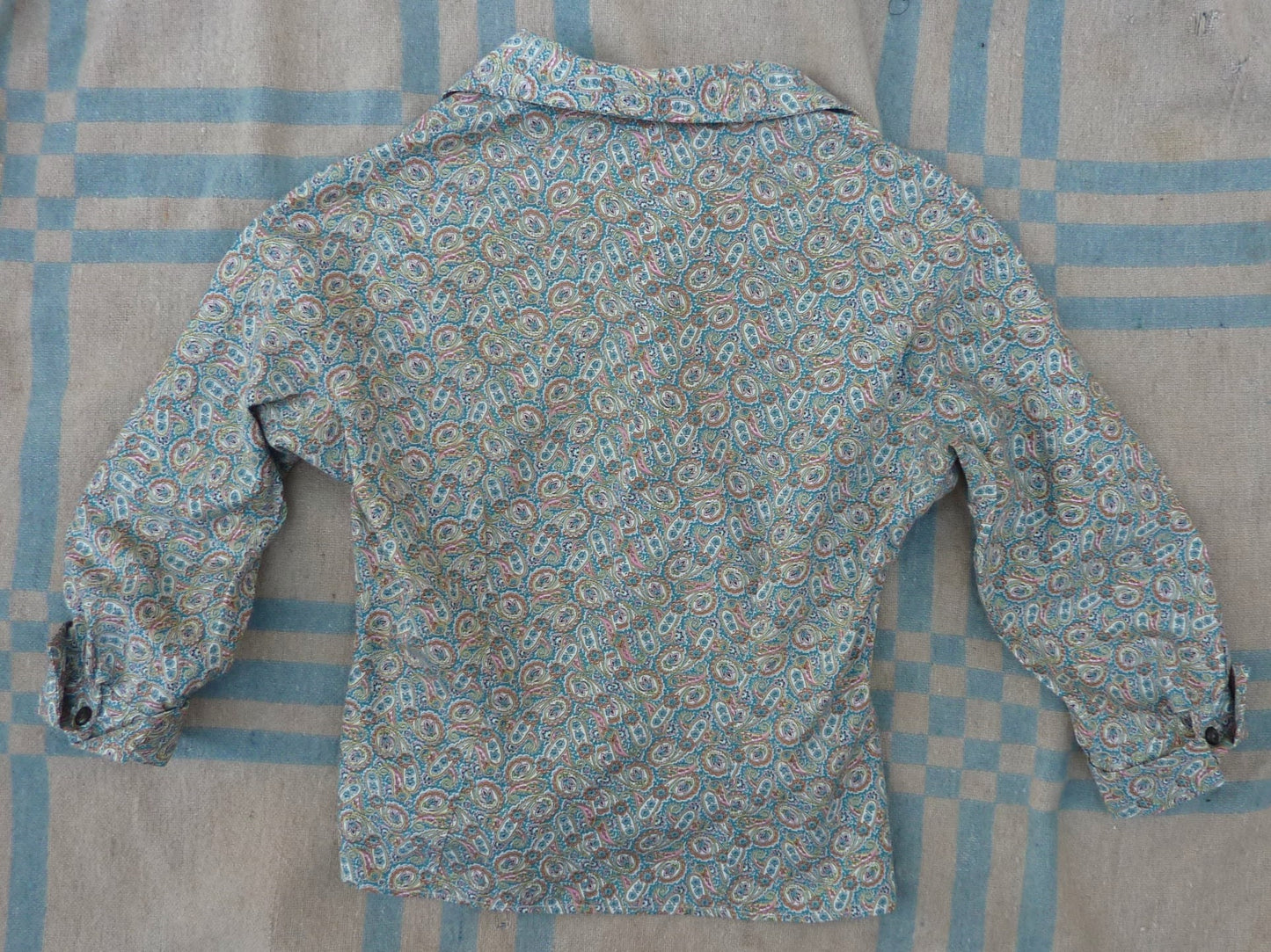 Vintage 1950s Blouse Paisley Print Teal Blue Cotton Dolman Sleeved UK S/M