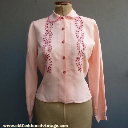 Vintage 1950s Blouse Pink Rayon Long Sleeved Shirt Floral Embroidered UK M