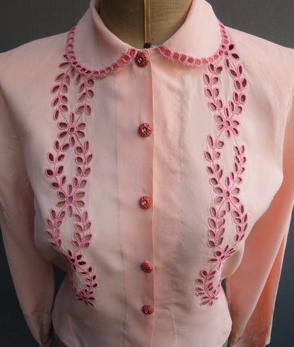 Vintage 1950s Blouse Pink Rayon Long Sleeved Shirt Floral Embroidered UK M