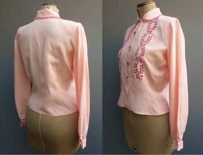 Vintage 1950s Blouse Pink Rayon Long Sleeved Shirt Floral Embroidered UK M