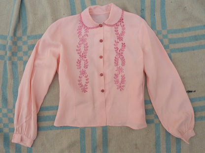 Vintage 1950s Blouse Pink Rayon Long Sleeved Shirt Floral Embroidered UK M