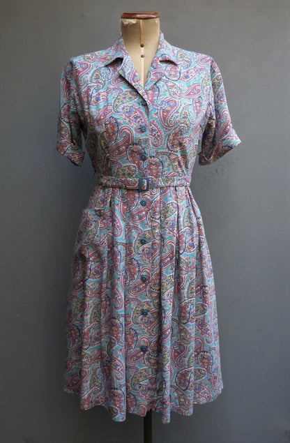 Vintage 1940s Shirt Dress Novelty Paisley Teal Blue Print Rayon UK S/M