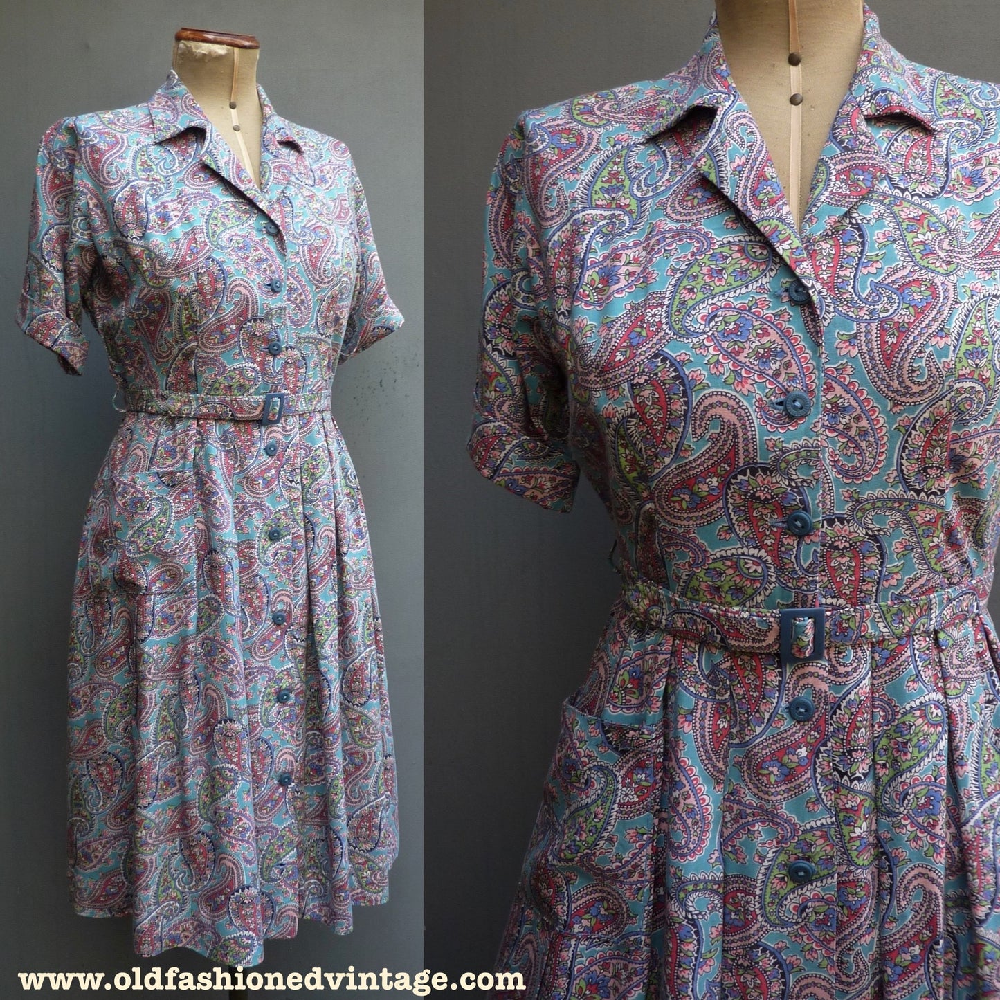 Vintage 1940s Shirt Dress Novelty Paisley Teal Blue Print Rayon UK S/M