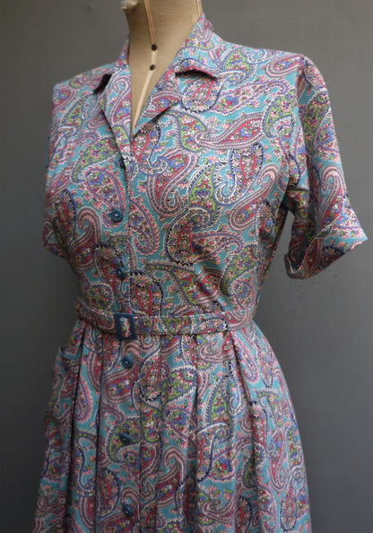 Vintage 1940s Shirt Dress Novelty Paisley Teal Blue Print Rayon UK S/M