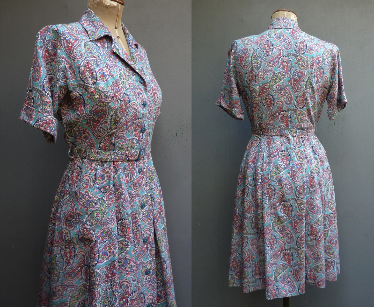 Vintage 1940s Shirt Dress Novelty Paisley Teal Blue Print Rayon UK S/M