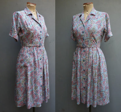 Vintage 1940s Shirt Dress Novelty Paisley Teal Blue Print Rayon UK S/M