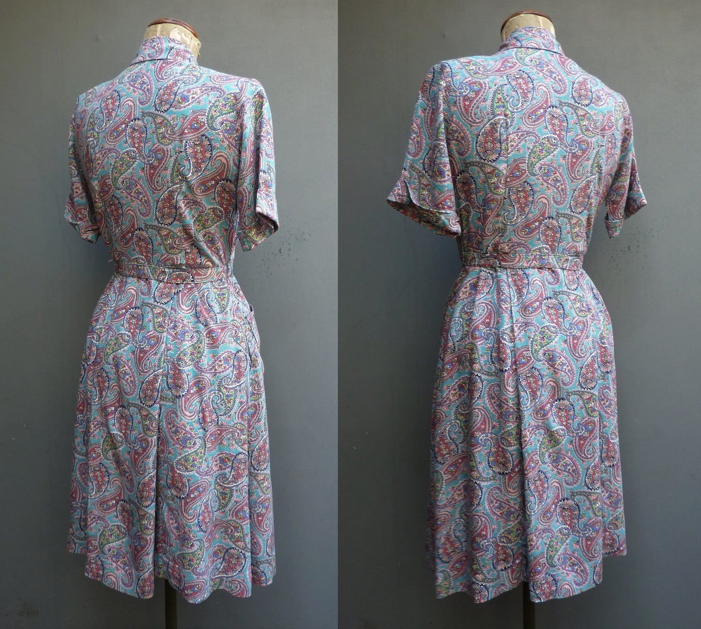 Vintage 1940s Shirt Dress Novelty Paisley Teal Blue Print Rayon UK S/M