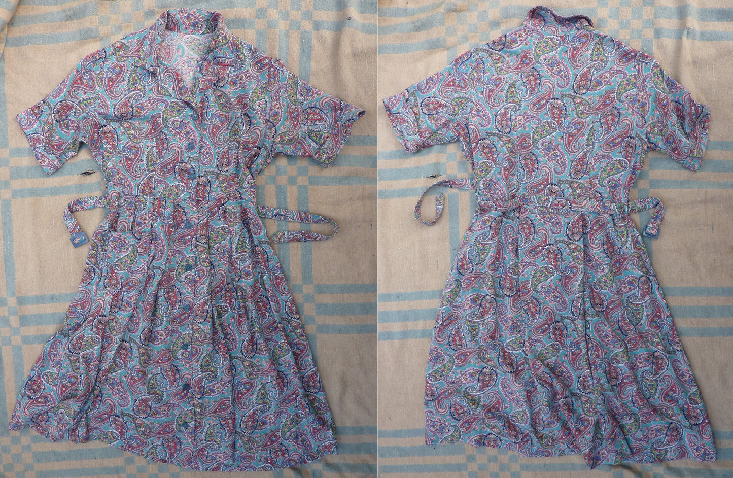 Vintage 1940s Shirt Dress Novelty Paisley Teal Blue Print Rayon UK S/M